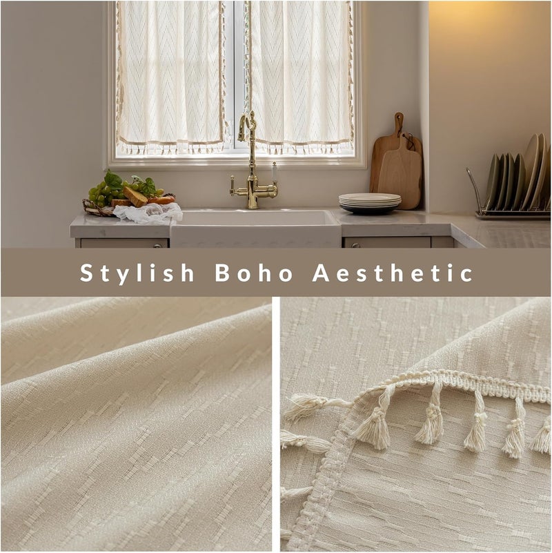 VOILYBIRD Kitchen Window Curtains Over Sink 30 Inch Length Boho Tassel Tiers Cafe Curtains Zigzag Design, 2 Panels, Beige - Image 4